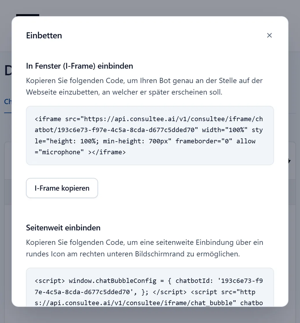 Fenster Einbetten im Consultee-Dashboard mit dem Code für I-Frame und Seitenweit einbinden